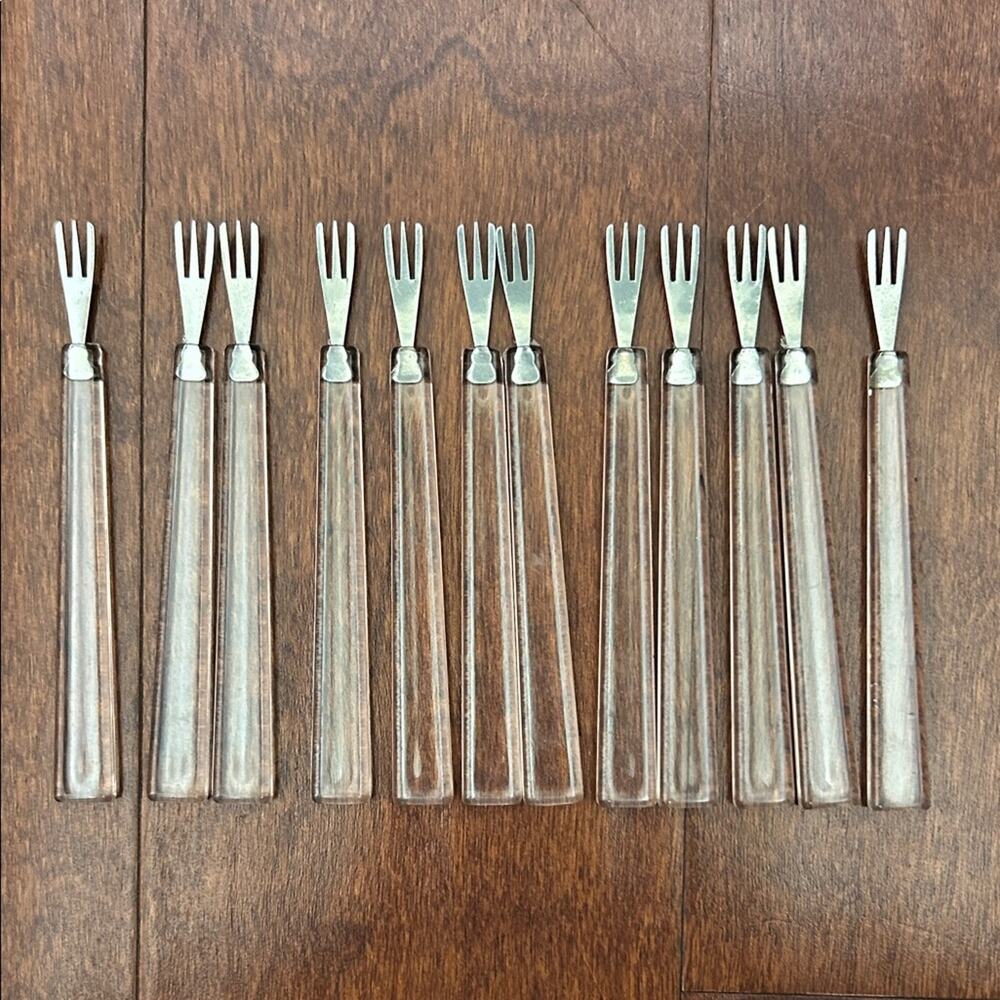 Vintage Set of 12 Clear Hors D’oeuvres Forks, Mid Century Modern Lucite Style